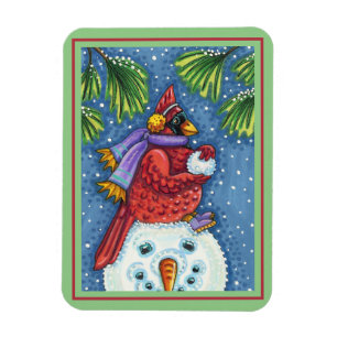CARDINAL GUARDING SNOWMAN, CUTE CHRISTMAS REDBIRD MAGNET