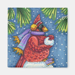 CARDINAL GUARDING SNOWMAN, CUTE CHRISTMAS REDBIRD MAGNET