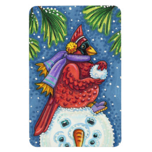 CARDINAL GUARDING SNOWMAN, CUTE CHRISTMAS REDBIRD MAGNET