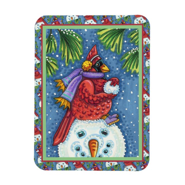 CARDINAL GUARDING SNOWMAN, CUTE CHRISTMAS REDBIRD MAGNET (Vertical)