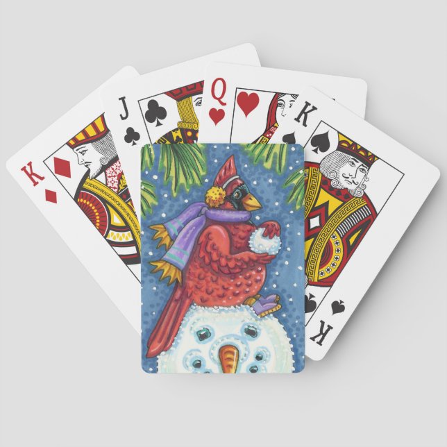 CARDINAL GUARDING SNOWMAN, CUTE CHRISTMAS REDBIRD PLAYING CARDS (Back)