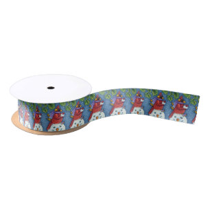 CARDINAL GUARDING SNOWMAN, CUTE CHRISTMAS REDBIRD SATIN RIBBON