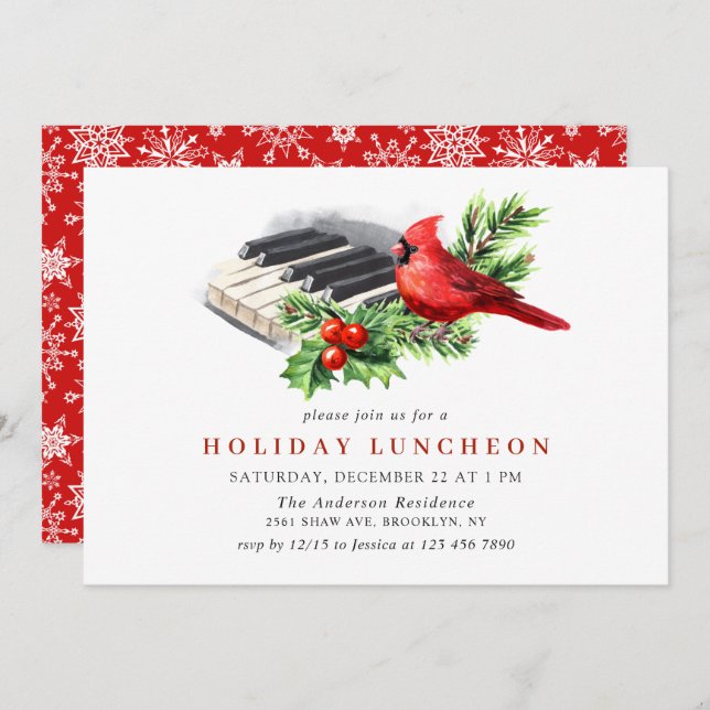 Cardinal Holly Berry Christmas HOLIDAY LUNCHEON Invitation (Front/Back)