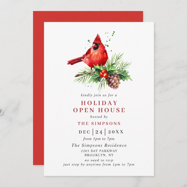 Cardinal Holly Berry Holiday Christmas Open House Invitation (Front/Back)