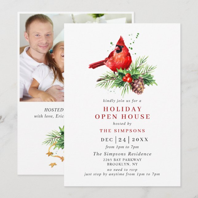 Cardinal Holly Berry Holiday Christmas Open House Invitation (Front/Back)