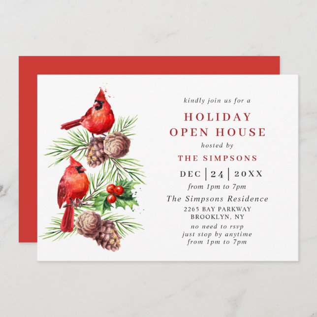 Cardinal Holly Berry Holiday Christmas Open House Invitation (Front/Back)
