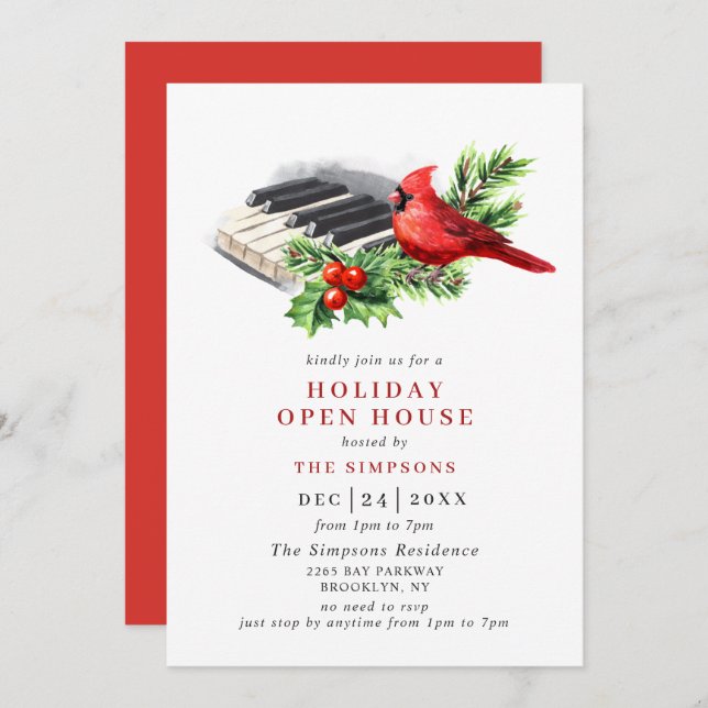 Cardinal Holly Berry Holiday Christmas Open House Invitation (Front/Back)