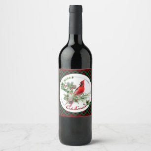 Cardinal, holly & pine needles usher in Christmas Wine Label
