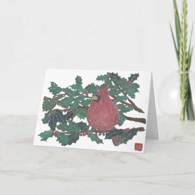 Cardinal, Holly Tree, Holiday Greeting Card (Front)