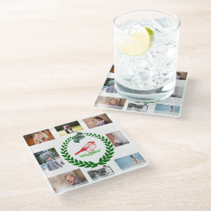 Cardinal Holly Wreath Family Ring Glass Coaster