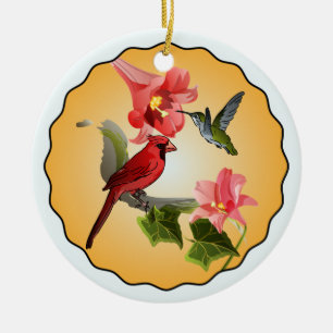 Cardinal & Hummingbird with Pink Lilies Round Ceramic Tree Decoration