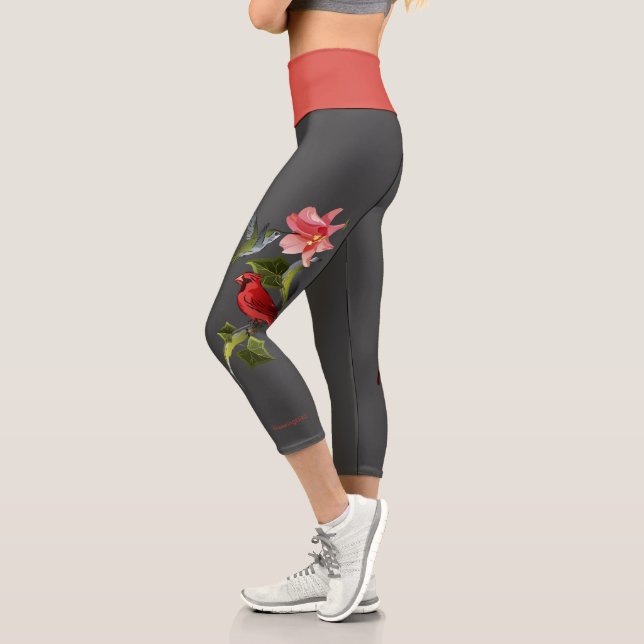 Cardinal Hummingbird with Pink Lily Personalised Capri Leggings (Left)