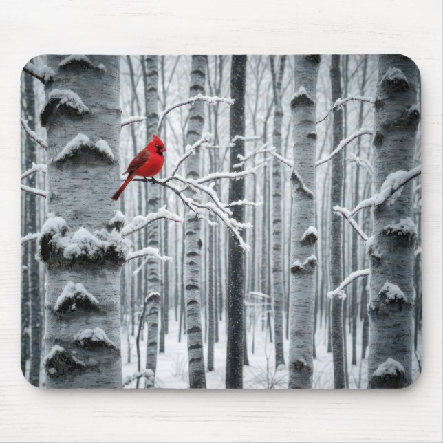 Cardinal In a Birch Tree Forest Mouse Pad (Front)