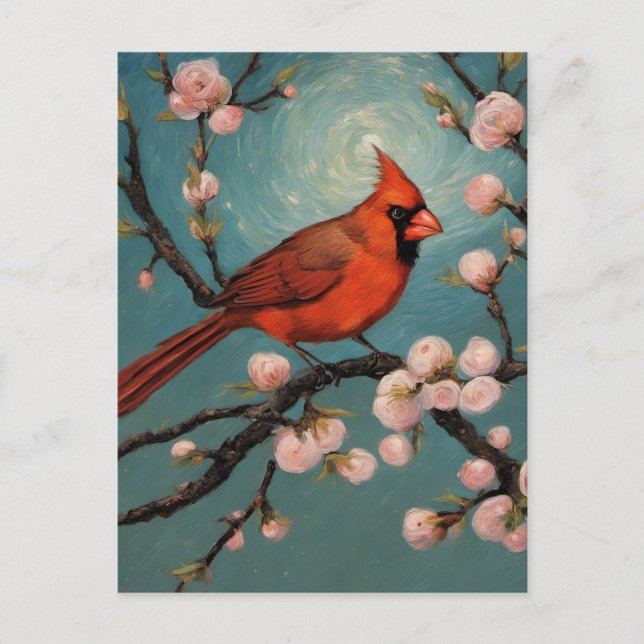 Cardinal in a blooming almond tree postcard (Front)