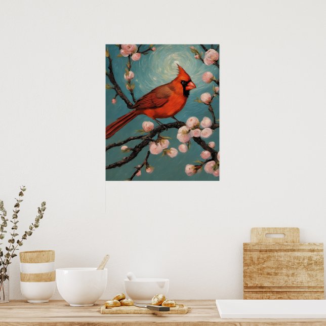 Cardinal in a blooming almond tree poster (Kitchen)