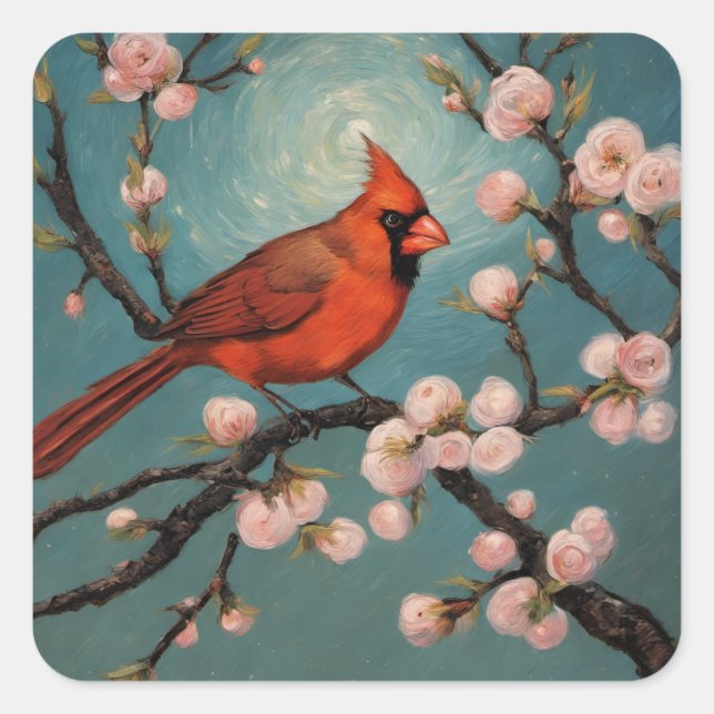 Cardinal in a blooming almond tree square sticker (Front)
