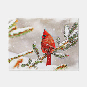 Cardinal in a pine tree in winter doormat