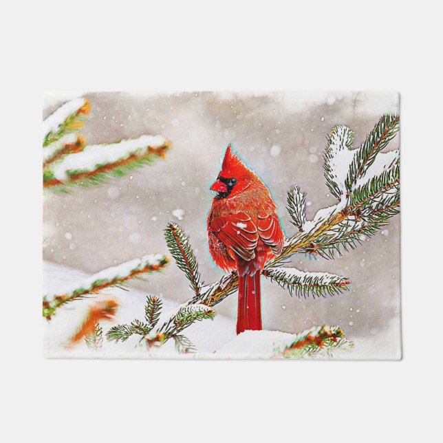 Cardinal in a pine tree in winter doormat (Front)