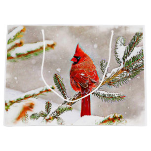 Cardinal in a pine tree in winter large gift bag