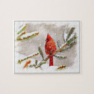 Cardinal in a pine tree jigsaw puzzle
