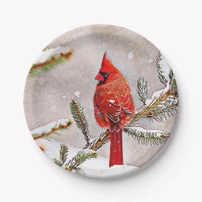 Cardinal in a pine tree paper plate (Front)