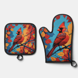 Cardinal in Autumn Oven Mitt & Pot Holder Set