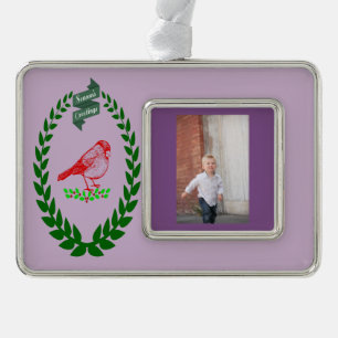 Cardinal in Christmas Tree and Special Photo Silver Plated Framed Ornament