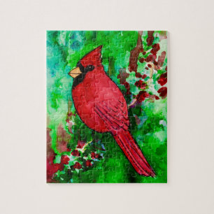 Cardinal in Forest Watercolor Painting Puzzle