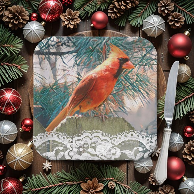 Cardinal in Front of Pine Tree Winter Paper Plate (A handsome red bird (northern cardinal) sits before a pine. Lace adds an elegant touch to your plate)