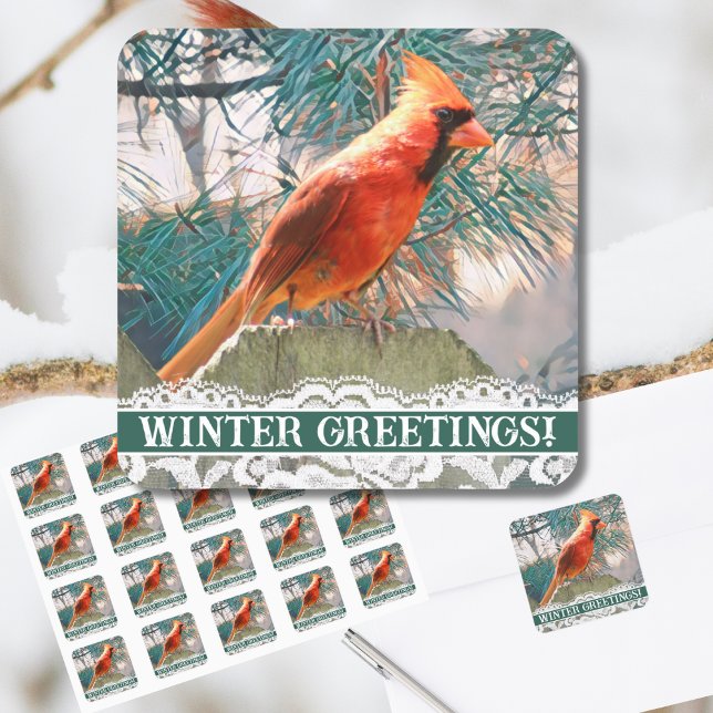 Cardinal in Front of Pine Tree Winter Seal (A northern cardinal sits before a pine on this winter-themed envelope seal for holiday greetings.)