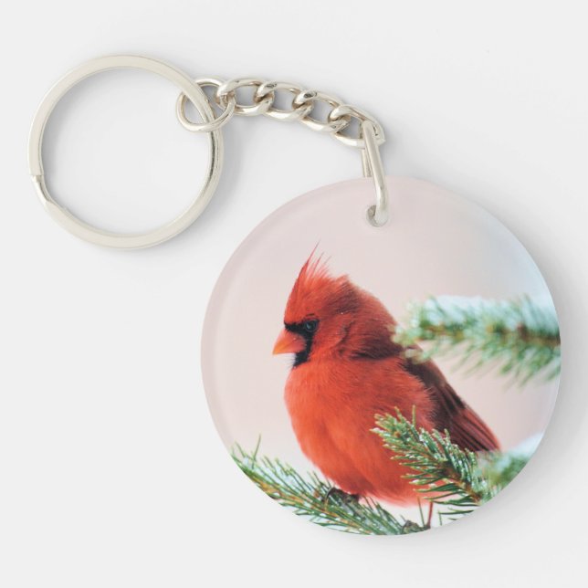 Cardinal in Snow Dusted Fir Tree Key Ring (Front)