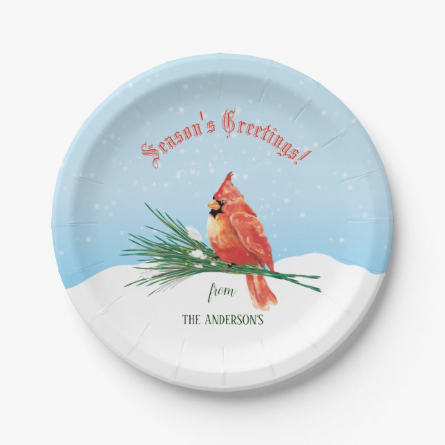 Cardinal In The Snow Christmas Holiday Paper Plate (Front)