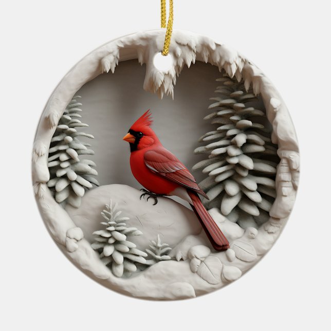 Cardinal in Winter Wonderland Ceramic Ornament (Front)