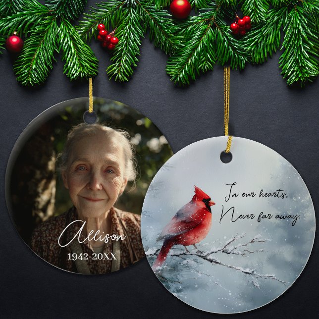 Cardinal Memorial In Our Hearts Photo Keepsake Ceramic Ornament (Creator Uploaded)