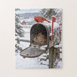 Cardinal Nest in a Snowy Mailbox Jigsaw Puzzle