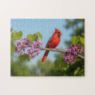 Cardinal on a Redbud Branch Jigsaw Puzzle