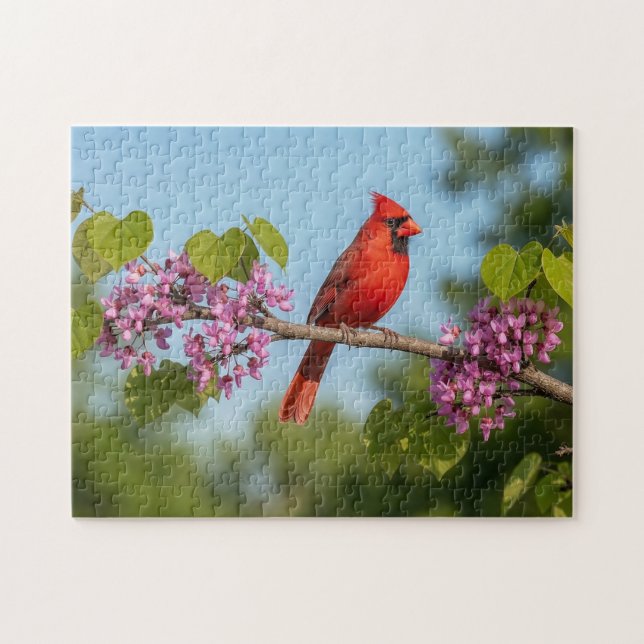 Cardinal on a Redbud Branch Jigsaw Puzzle (Horizontal)