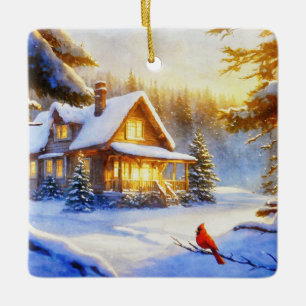 Cardinal on a Snowy Day Ceramic Ornament