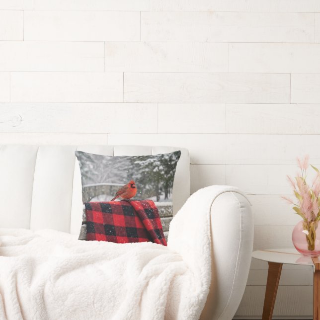 Cardinal On a Snowy Plaid Blanket Cushion (Couch)