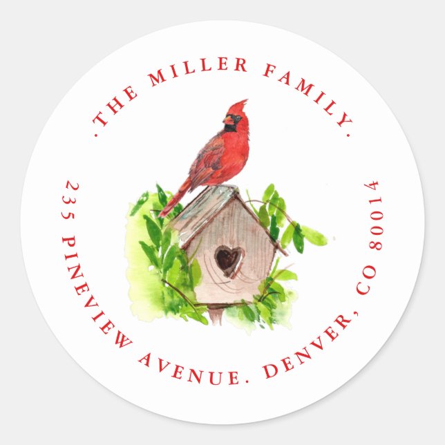 Cardinal On Bird House Holiday Seal / Address  (Front)