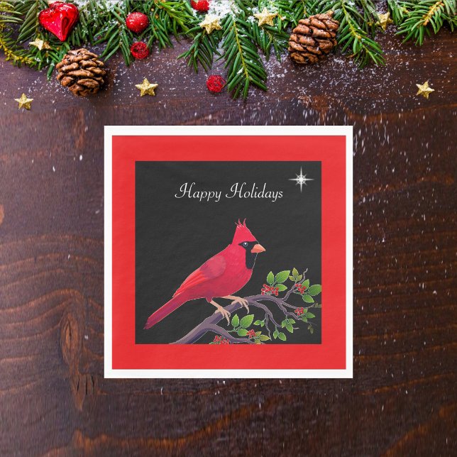 Cardinal on Black and Red Holiday Napkin (Creator Uploaded)