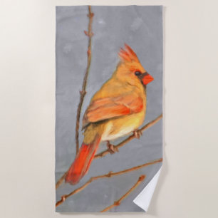 Cardinal on Branch Painting - Original Bird Art Beach Towel