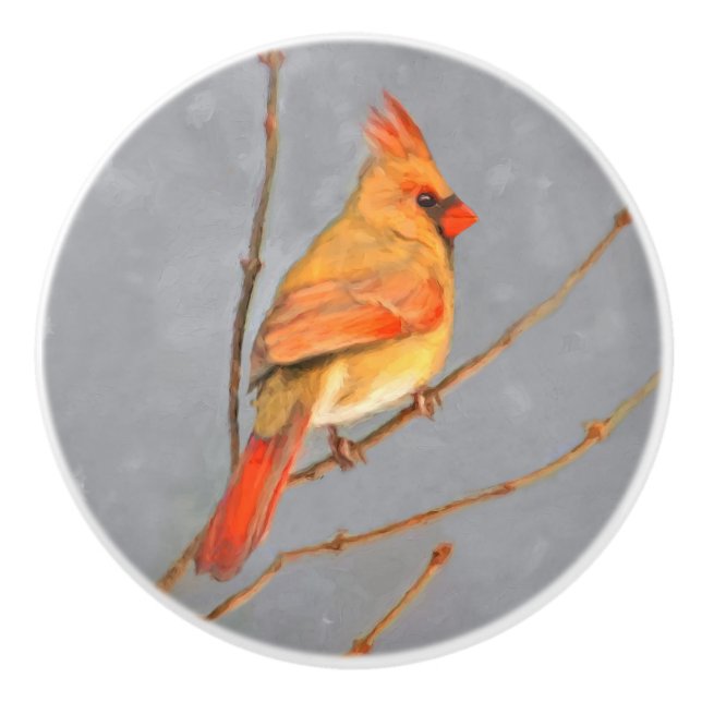 Cardinal on Branch Painting - Original Bird Art Ceramic Knob (Front)