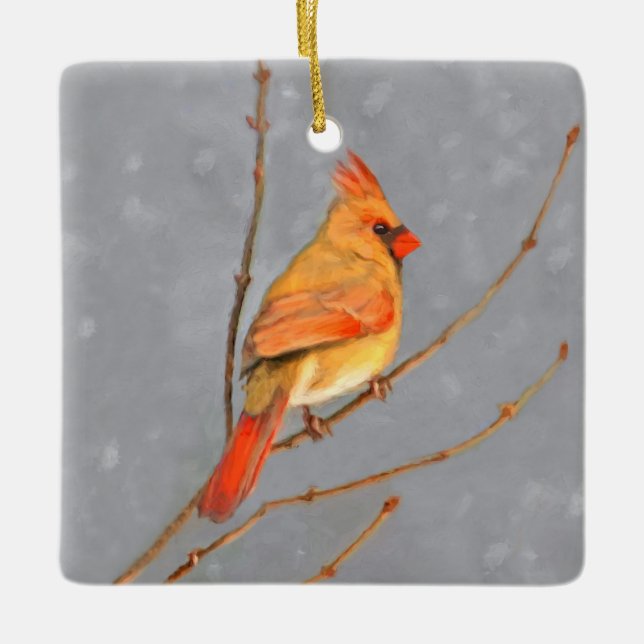 Cardinal on Branch Painting - Original Bird Art Ceramic Ornament (Front)