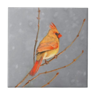 Cardinal on Branch Painting - Original Bird Art Ceramic Tile
