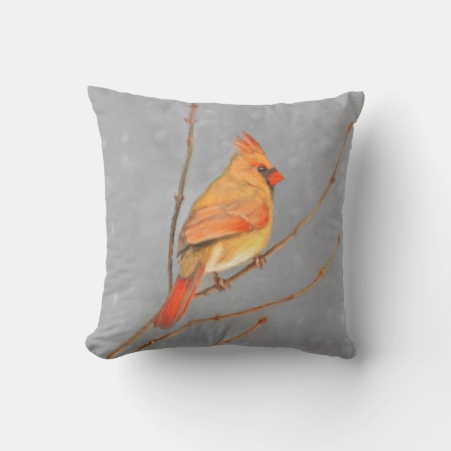 Cardinal on Branch Painting - Original Bird Art Cushion (Front)