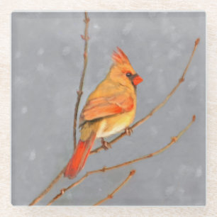 Cardinal on Branch Painting - Original Bird Art Glass Coaster