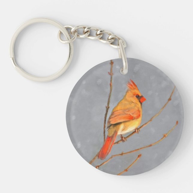 Cardinal on Branch Painting - Original Bird Art Key Ring (Front)