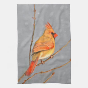 Cardinal on Branch Painting - Original Bird Art Tea Towel