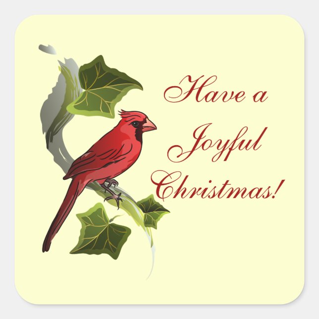 Cardinal on Branch with Ivy Leaves Christmas Square Sticker (Front)